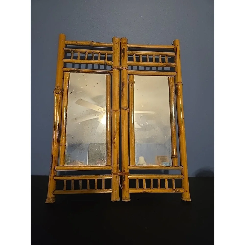 VTG Bamboo Rattan‎ Tabletop Vanity Mirror Folding 2 Sides Jewelry Holder Boho